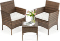 DUMOS Set 3 Pieces Outdoor Furniture with Soft Cushion and Glass Table, All Weather Manual Weaving Wicker Rattan Patio Chairs for Garden, Terrace, Porch, Lawns, Brown