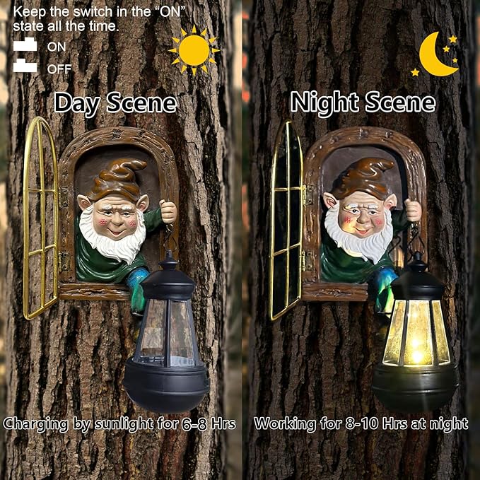 Fairy Garden Statues Gnomes Solar Lantern - Halloween Elf Out The Door Tree Hugger Figurines Fence Wall Yard Art Home Decor Outdoor Tree Face Sculpture, Ideal Thanksgiving Decorations