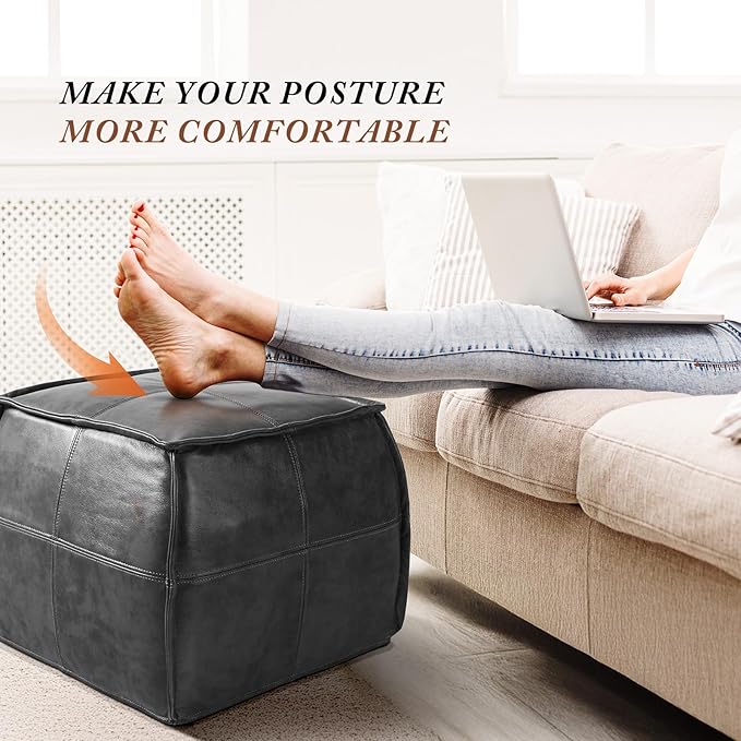 Leather Ottoman,Handmade Stuffed Square Ottoman,Genuine Leather Pouf, Foot Rest Pouf,Comfortable Soft Seating for Living Room & Bedroom (Grey, Square)