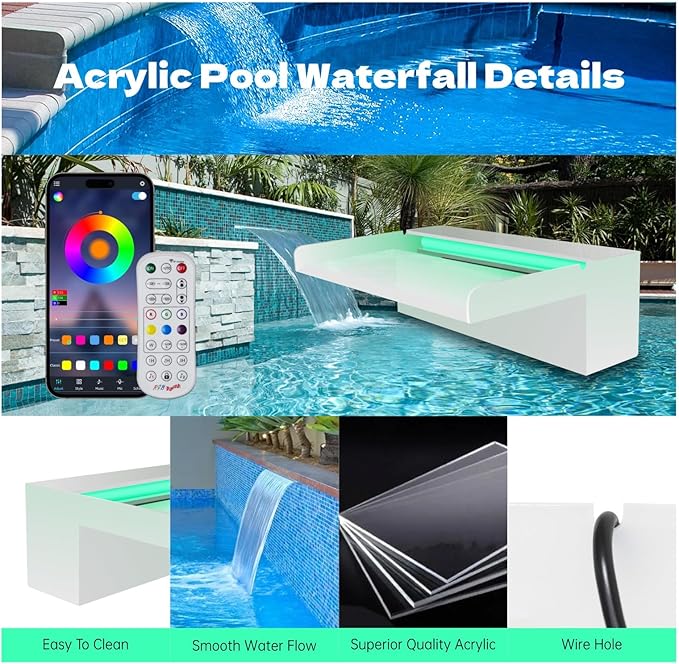 Pond Waterfall Spillway, APP Control Multi-Color LED Light Outdoor Pool Fountain, Acrylic Water Spillway Koi Fountains Kit for Garden Patio Swimming Pool Decoration - 23.6"x7.8"x3.9"