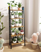 Ladder Shelf, Bookshelf Bookcase, Freestanding Corner Storage Shelve with 2 Hooks for Home Office, Living Room, Kitchen, Bedroom, Industrial, 5-Tier Rustic Brown BC19301B