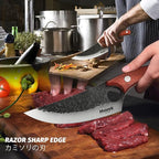 Huusk Hand Forged Viking Knife with Sheath for Kitchen Camping BBQ | Japanese Butcher Knife for Meat Cutting, High Carbon Steel Chef Knives with Ergonomic Wood Handle, Gifts for Men