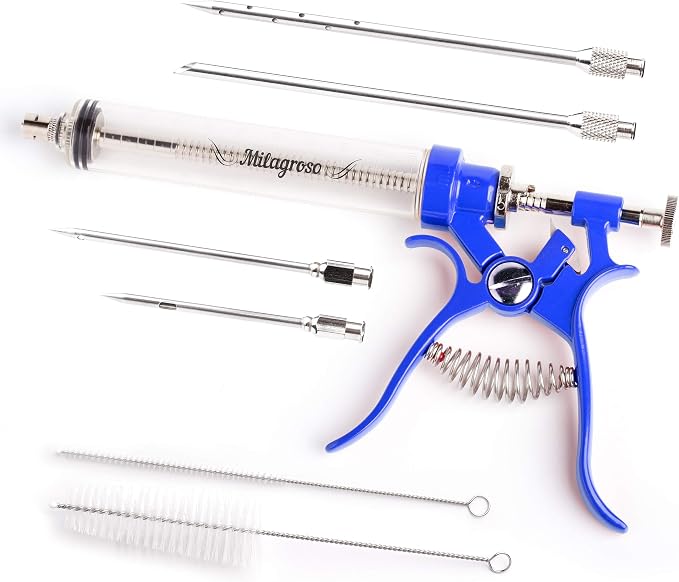 Meat Injector Marinade Gun Stainless Steel Outdoor Kit Flavor Food Syringes & 4 Marinades Needles for BBQ Grill Smoker Injectors Professional Syringe Held Culinary Barbecue Tool (Blue)