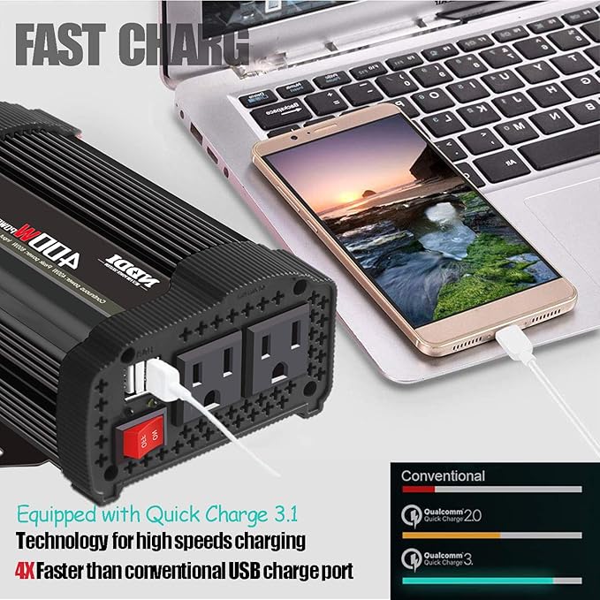 400W Car Power Inverter, DC 12V to 110V AC Converter with 2 Charger Outlets and Dual 3.1A USB Ports Cigarette Lighter Socket Adapter(Black)