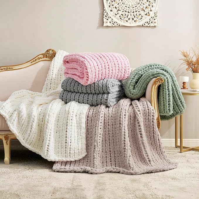 Amélie Home Chunky Knit Throw Blanket for Couch, Soft Chenille Crochet Blanket for Sofa, 50"x60", Ivory