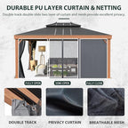 YOLENY 12'x16' Gazebo Wood Grain Aluminum Frame Hardtop Gazebos with Galvanized Steel Roof, Curtains and Nettings for Backyard,Patio and Garden