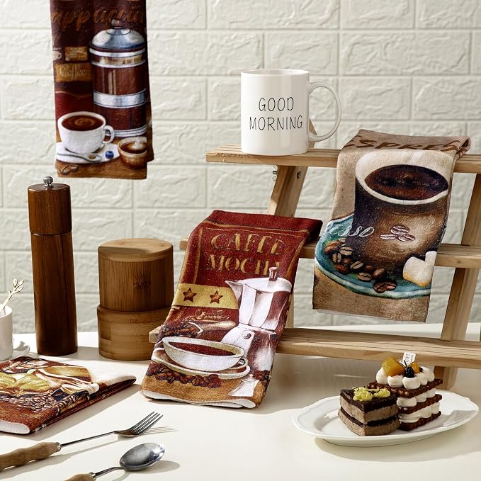 Boyiee Set of 6 Coffee Kitchen Towels Brown Dish Towels 24 x 16 Inches Absorbent Decorative Dish Cloths Retro Hand Accessories for Coffee Bar Decor Housewarming Gifts Wedding Shower Decoration
