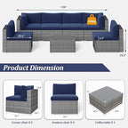 SUNVIVI OUTDOOR 7 Piece Patio Furniture Sets All Weather Grey PE Wicker Couch Sofa with Glass Table, Removable Navy Blue Cushions