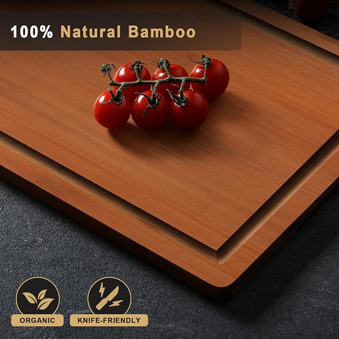 Hiware 4 Pieces Extra Large Wooden Cutting Boards Set- Bamboo Cutting Boards for Kitchen Meal Prep & Serving, Cutting Board with Deep Juice Groove & Built-in Handles, Charcuterie & Chopping Board