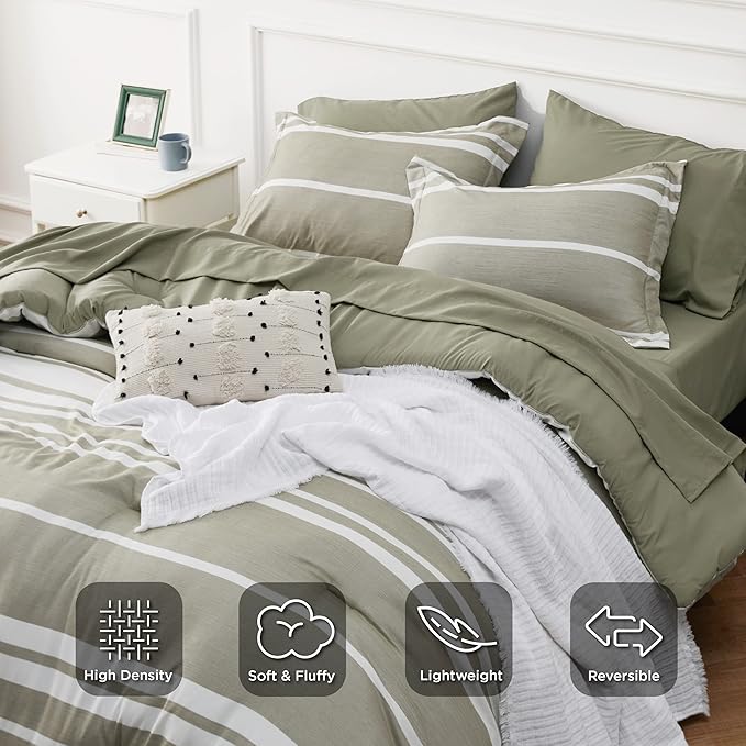 Bedsure Bed in a Bag Queen 7 Pieces, Olive Green White Striped Bedding Comforter Sets All Season Bed Set, 2 Pillow Shams, Flat Sheet, Fitted Sheet and 2 Pillowcases