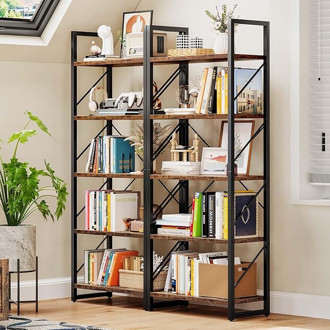 DWVO Industrial Bookshelves and Bookcases, Storage Shelves Organizer Standing Shelf, Display Rack Book Shelves for Bedroom,Living Room,Office,Kitchen, Rustic Brown