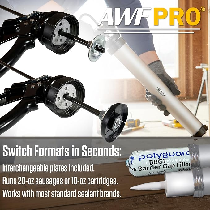 AWF PRO Sausage Caulking Gun 20 oz, 18:1 Thrust Ratio | 20 oz Foil Pack and 10 oz Cartridge Convertible, Aluminum Barrel, Includes 3 Tips
