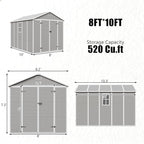 Outdoor Shed 5x3/6x4/7x7/8x6/8x10/8x12 FT, 15MM Thick PP Resin Plastic Shed with Lockable Door & Floor - Waterproof Plastic Tool Shed for Bike, Garbage Can, Backyard, Patio ﻿ ﻿ (Grey, 8x10FT)