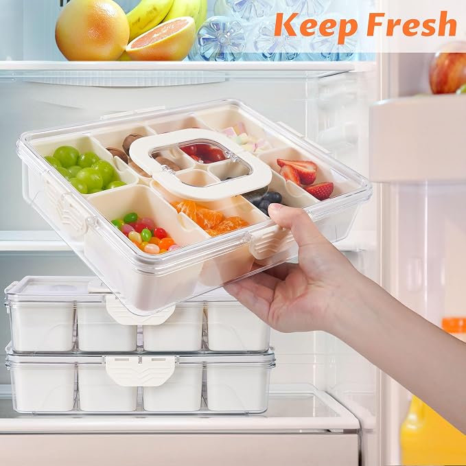 Snackle Box Container Dishwasher Safe Divided Serving Tray with Lid Handle | Charcuterie Board for Portable Snack Platters, Clear Organizer for Fruits Snacks, Perfect for Road Travel