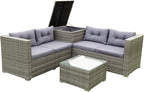 4-Piece Patio Furniture Outdoor Sofa Set, Wicker Sectional Loveseat Couch with Large Storage Box and Glass Table, for Garden Backyard Porch, 1, Gray