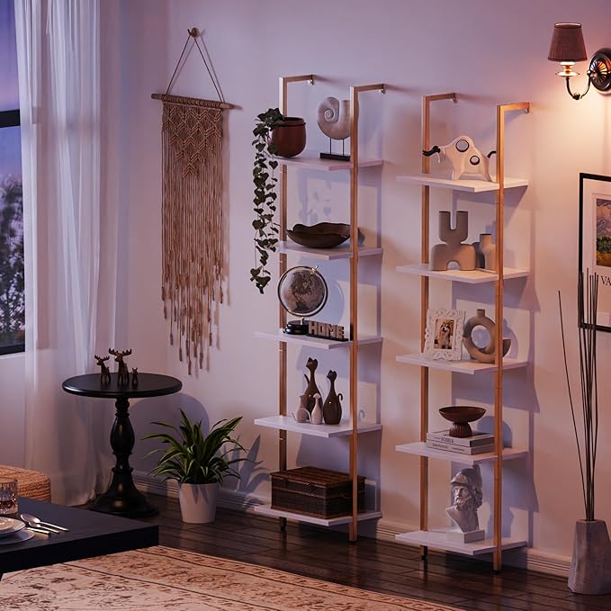 SUPERJARE 5 Tier Bookshelf, Narrow Book Shelf with Open Display Shelves, Small Bookcase with Metal Frame for Bedroom, Living Room, White and Gold