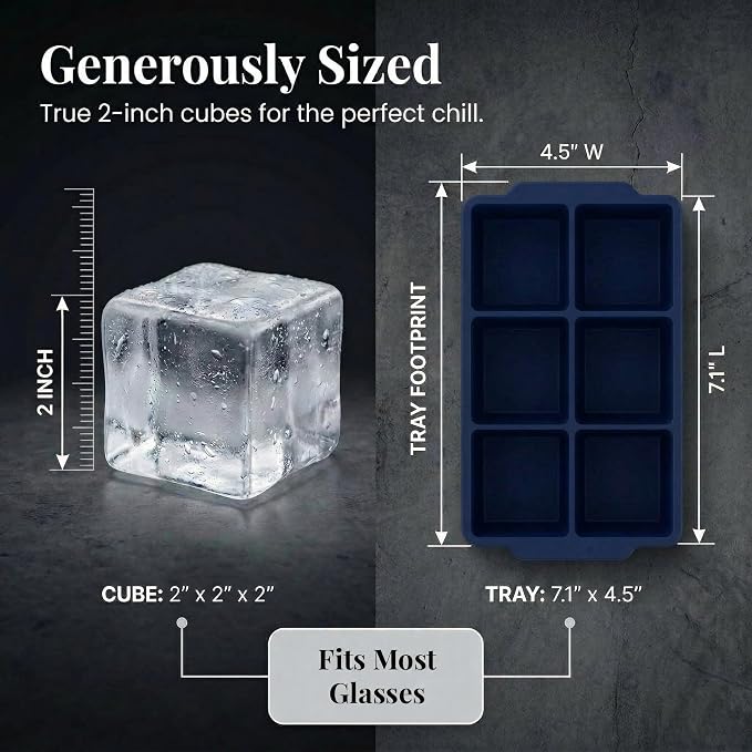 KitchFort® Large Silicone Ice Cube Tray (3-Pack), Easy Release 2" Big Ice Cubes - Cocktail, Whiskey Ice Cubes Mold - Ice Trays for Freezer with Lid - Stackable Silicone Ice Tray - Navy Blue