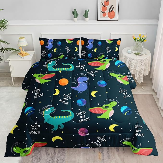 Datura home Dinosaur Space Dinos Comforter Bedding Set for Boys Kids Children,Celestial Bodies Colorful Dinosaur Print Bedding Set with 1 Comforter and 2 Pillowcases(Dinosaur Full)
