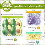 8 Pack Silicone Bags Reusable Storage Silicone Bags-3 Reusable Gallon Freezer 3 Sandwich 2 Snack Bags, Leakproof Food Storage Containers for Home Work