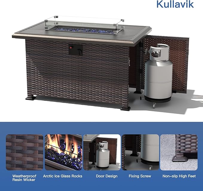 Kullavik 13PCS Outdoor Patio Furniture Set with 43" 55000BTU Gas Propane Fire Pit Table PE Wicker Rattan Sectional Sofa Patio Conversation Sets,Blue
