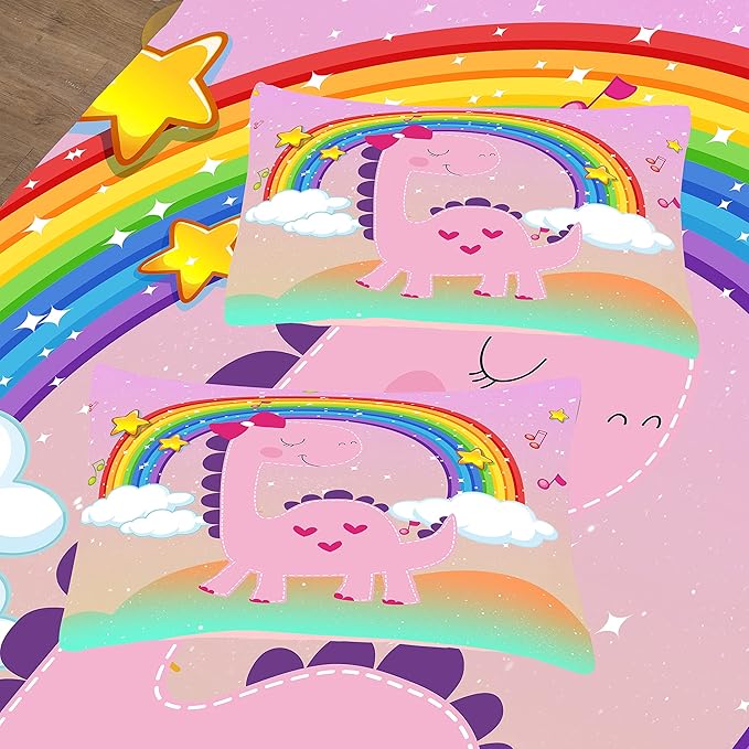 Tailor Shop Dinosaur Girls Comforter Set Queen Size,Rainbow Pink Dinosaur Bedding Set,Cartoon Dino Comforter Sets for Kids Teens，Dinosaur Bed Set,with 1 Comforter 2 Pillowcase