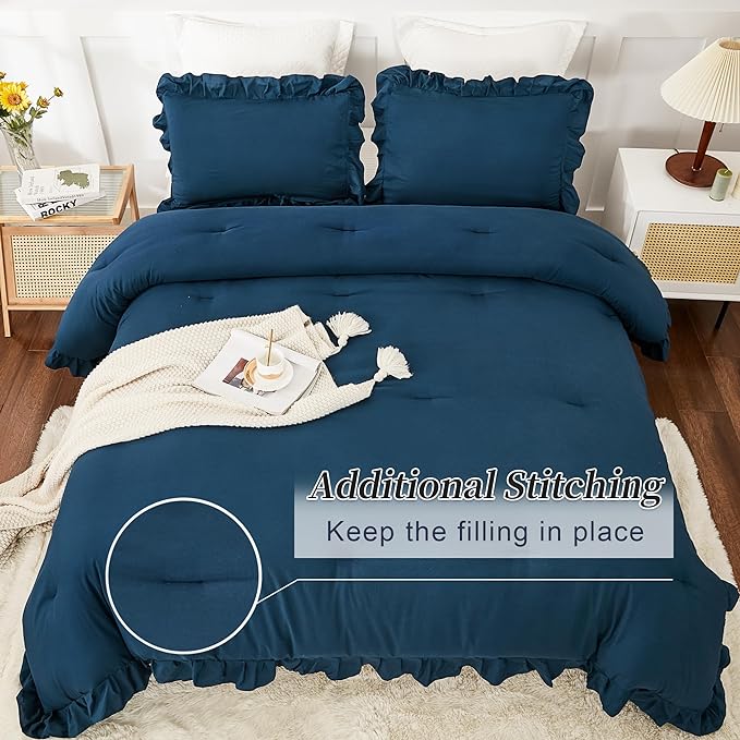 Andency Navy Blue Full Size Comforter Set(79x90Inch), 3 Pieces(1 Ruffle Comforter and 2 Pillowcases) Lightweight Fluffy Bedding Comforter Sets Full Bed, All Season Soft Microfiber Bedding Set