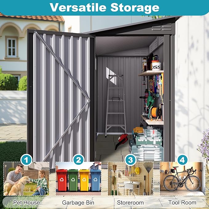 4x9 FT Outdoor Metal Storage Shed, Metal Lean to Storage Shed with Lockable Single Side Hinge Door and Ventilation Window, Garden Shed for Backyard Garden Patio Lawn, Dark Gray