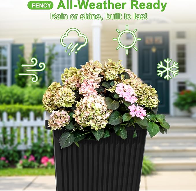 FENCY Set of 2 Tall Planters for Outdoor Plants, 24 Inch Large Tapered Pots with Drainage Trays, Weather-Resistant Plastic Plant Containers for Patio, Porch, Garden, Front Door Decor,Black,Striped