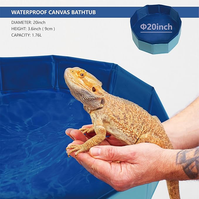 Bearded Dragon Foldable Bath Pool with Bath Brush, Bathrobe, Towel, Spray Pot and Tweezer, (Blue 6 in 1 Set) for Puppy Small Dogs Cats