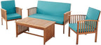 Christopher Knight Home Carolina Outdoor Acacia Wood Sofa Set with Water Resistant Cushions, 4-Pcs Set, Brown Patina / Teal