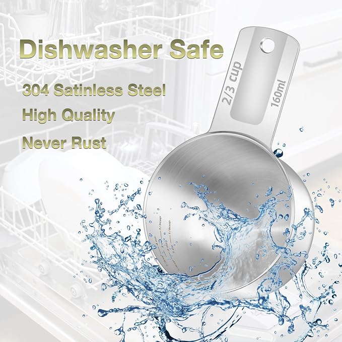 2PCS 2/3Cup (160ml, 5.3oz) Single Measuring Cup, Etched Inner Scale Stainless Steel Measure Scoop, Metric and US Measurement, Dishwasher Safe
