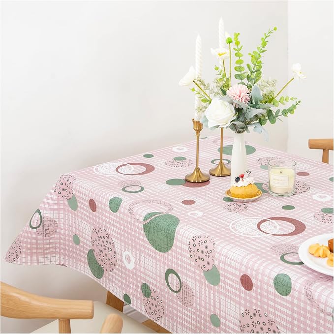 FIFTY FEET 70 * 52 Inch Rectangle Tablecloth, Vinyl Tablecloth with Flannel Backing for Rectangle Tables, Spill Proof Plastic Picnic Table Cover for Dining/Camping/Indoor/Outdoor(Pink Plaid)