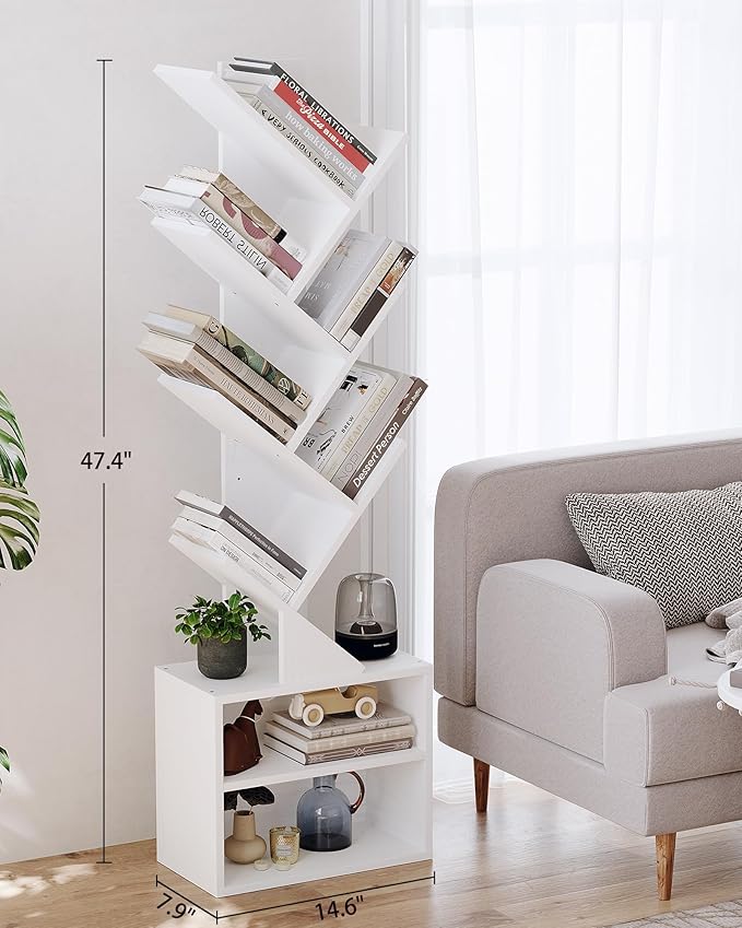 SUNMORY 6 Tier Tree Bookshelf, Tall Bookcase with Storage Cabinet, Modern Narrow Bookshelves Organizer, Floor Standing Book Shelf for Bedroom/Living Room/Home Office/Corner, White