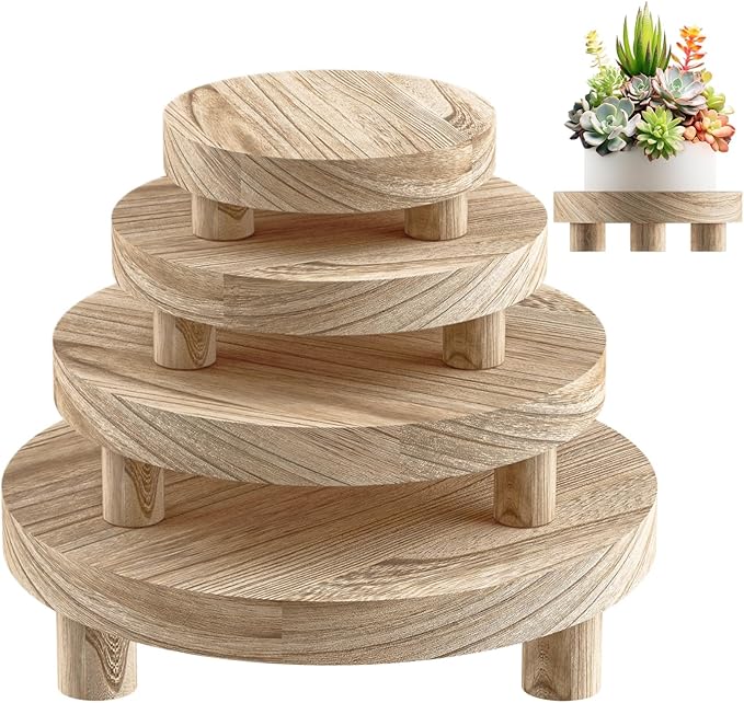 Wood Plant Stand Indoor Outdoor, 12/10/8/6" Round Wood Riser for Decor, Wooden Stool Display Stand Flower Pot Holder Small Planter Tray Modern Potter Decorative for Desktop Counter Room (Natural-4pcs)