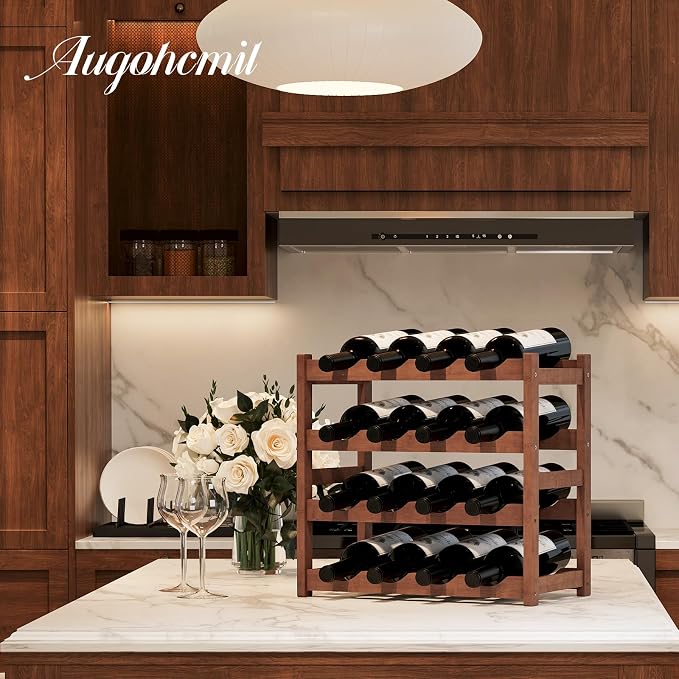 Wine Rack，Bamboo Wine Storage Cabinet Shelf，Countertop Wine Shelf- Freestanding Wine Holder for Kitchen & Pantry (Brown, 4-Tier)