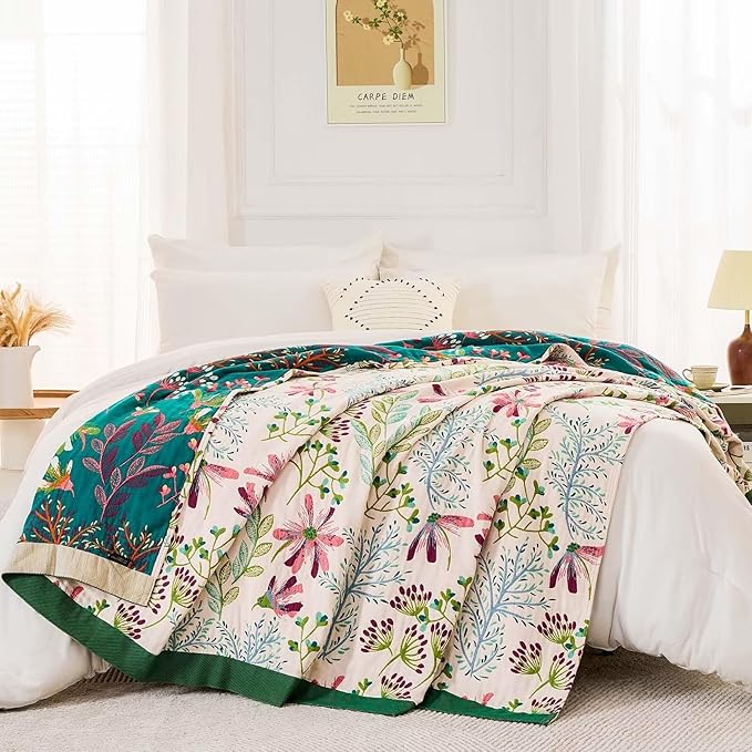 Boho Throw Blanket for Bed, 100% Cotton Soft Rustic Quilt Fall Blanket, 90"x98" Floral Printed Farmhouse Decor Bed Blankets, All Season Rustic Reversible Bohemian Throw Quilt