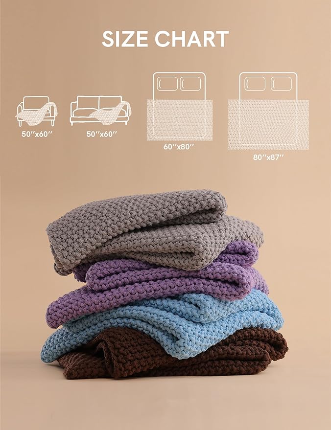 YnM Chunky Cotton Knit Throw Blanket, Cable Knit Throws for Bed Couch Sofa, Comfy & Relaxing, Decorative Piece for Farmhouse Modern Boho Rustic Scandinavian Chic Vibe, Lilac Purple 60x80 Inches