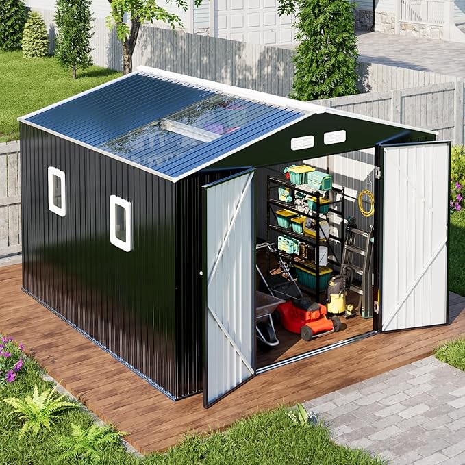 Metal Shed 10x10 Sheds Outdoor Storage, Natural Lighting Tool Sheds with Translucent Roof Panels, Windows, and Lockable Doors, Ideal for Garden, Backyard, and Patio