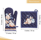 Maison d' Hermine 100% Cotton Oven Mitt & Pot Holder Set (7.5"x13" & 8"x8") | Heat Resistant BBQ Cooking Gloves with Loop Baking Grilling Kitchen Home Farmhouse Thanksgiving Christmas - Pumpkin Blues