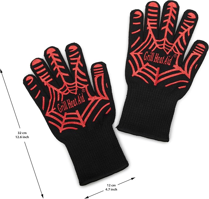 GRILL HEAT AID BBQ Grill Gloves Heat Proof for Grilling – Fireproof 1472°F Heat-Resistant Grill Mitts for Outdoor Barbecue and Smoker, Campfire, Fire Pit, Oven Glove with Fingers for Baking Pizza