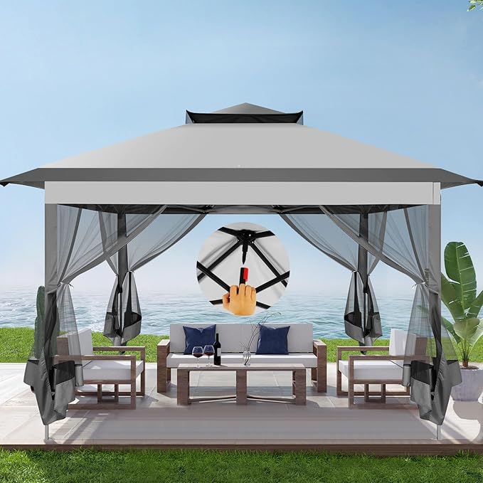 COBIZI 11x11 Pop Up Gazebo One-Push Canopy Tent, Carpas Para Patio, Outdoor Canopy Shelter with Double Roof Ventiation 121 Square Feet of Shade for Lawn, Garden, Backyard and Deck, Gray (Upgraded 2.0)