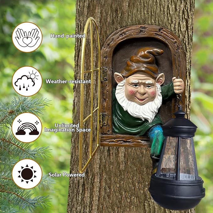 Fairy Garden Statues Gnomes Solar Lantern - Halloween Elf Out The Door Tree Hugger Figurines Fence Wall Yard Art Home Decor Outdoor Tree Face Sculpture, Ideal Thanksgiving Decorations