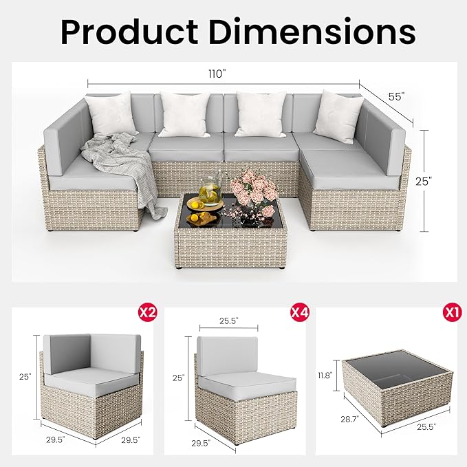 Pamapic Outdoor Sectional Furniture for 6,Wicker Patio Furniture,All-Weather Gray PE Rattan Sectional Sofa, Conversation Set with Washable Cushions Covers and Coffee Table for Garden Poolside