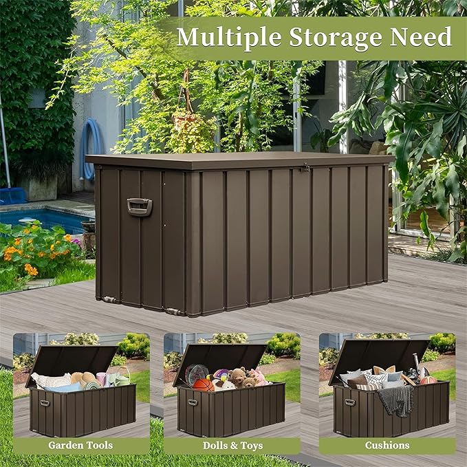 Metal Storage Box for Outdoor Dark Brown Lockable Water-Resistant Deck Box for Patio Garden Tools Organization Rust-Resistant Heavy-Duty Outside Storage Box (150 Gallon)