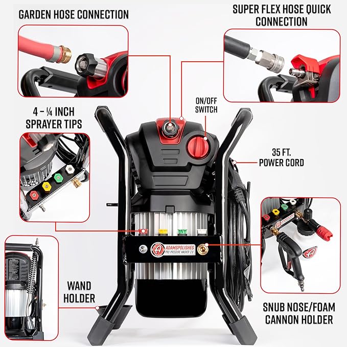 Adam's Pro Series Electric Pressure Washer 2.0 - Professional Powerful Detailing Car Washing Pressure Sprayer That Includes Snub Nose, Wall Mount & Pressure Washer Tips | 1200 PSI & 1.76 Operating GPM