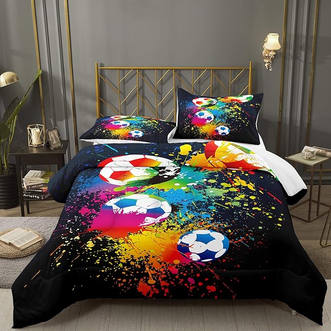Bodhi Soccer Comforter Set Full,Boys Sports Comforter Set Full,Rainbow Graffiti Football Bedding Set for Boys,Kids,Teens with Matching Pillowcases,Boys Teen Comforter Set Full