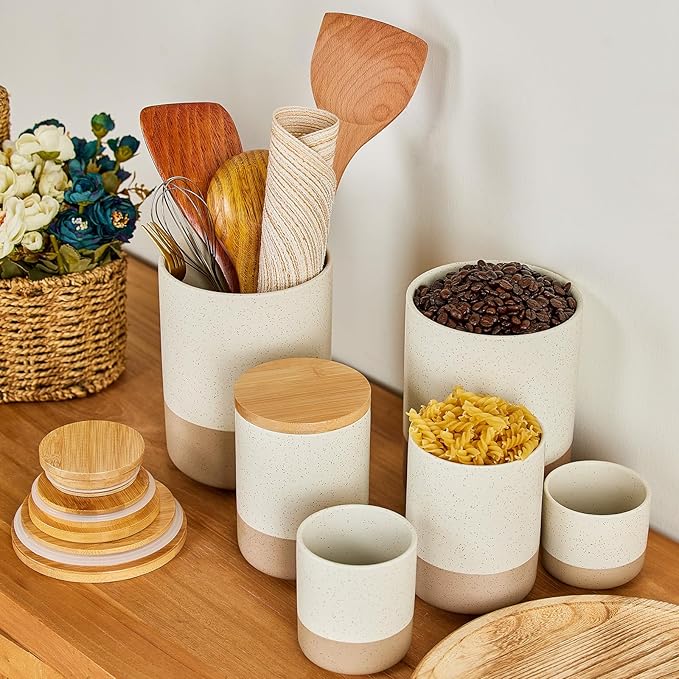 Yangbaga Canisters Sets for Kitchen Countertop-Set of 4 Ceramic Kitchen Canisters Food Storage Jar with Airtight Wood Lids & Spoons & Label,Large Flour and Sugar Containers for Serving Ground Coffee
