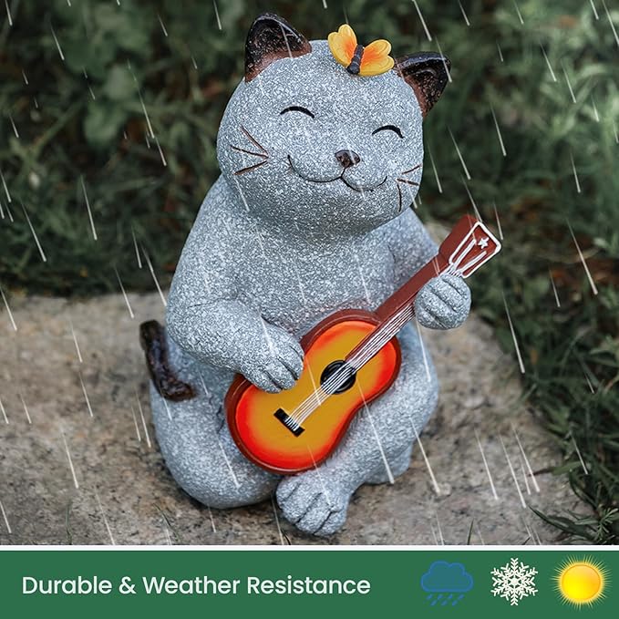 Cat Garden Statue Outdoor Decor, Cat Sculpture with Guitar and Butterfly for Yard Lawn Patio Balcony, Birthday Housewarming Gifts for Mom, Grandma, Women, 8.8 inch, Resin