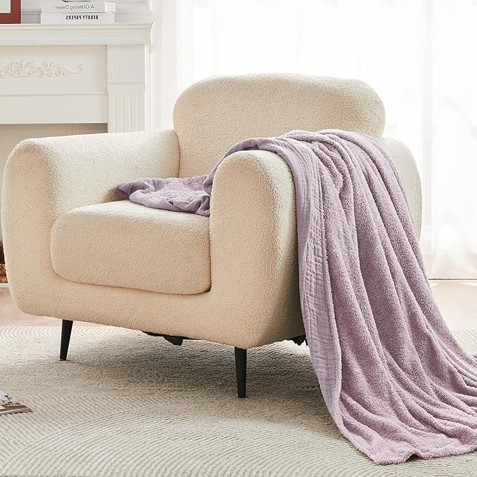 EMME Muslin and Fleece Queen Blanket Reversible - 80"*90" Lavender Soft Warm Throw Blankets for Couch Bed Picnic Travel Bed