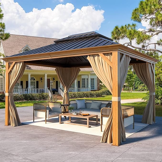 MELLCOM 10' x 12' Hardtop Gazebo, Wooden Finish Coated Aluminum Frame Gazebo with Galvanized Steel Double Roof, Outdoor Permanent Metal Pavilion with Curtains and Nettings for Patio, Lawn & Garden